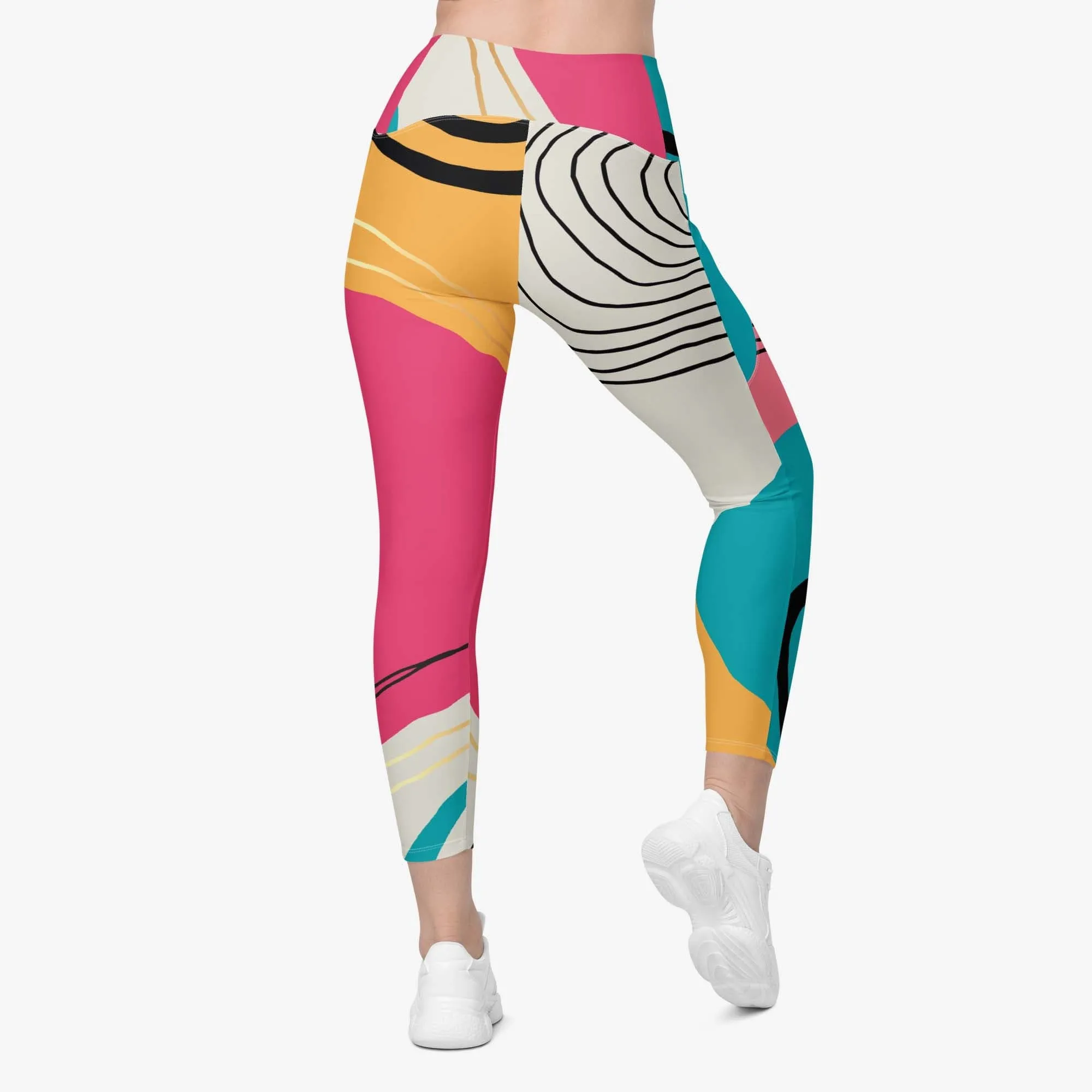 Recycled Patterned Leggings "Modernist" Fuchsia/Turquoise with Pockets