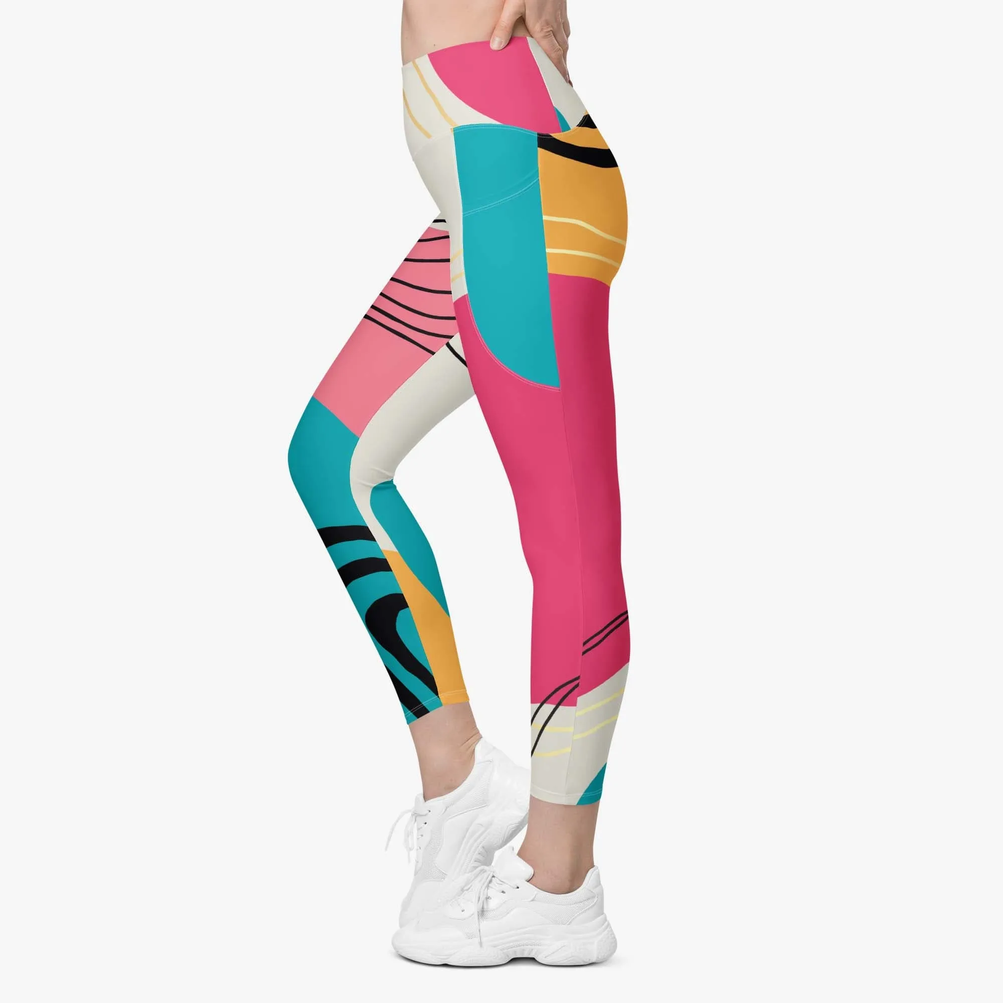 Recycled Patterned Leggings "Modernist" Fuchsia/Turquoise with Pockets