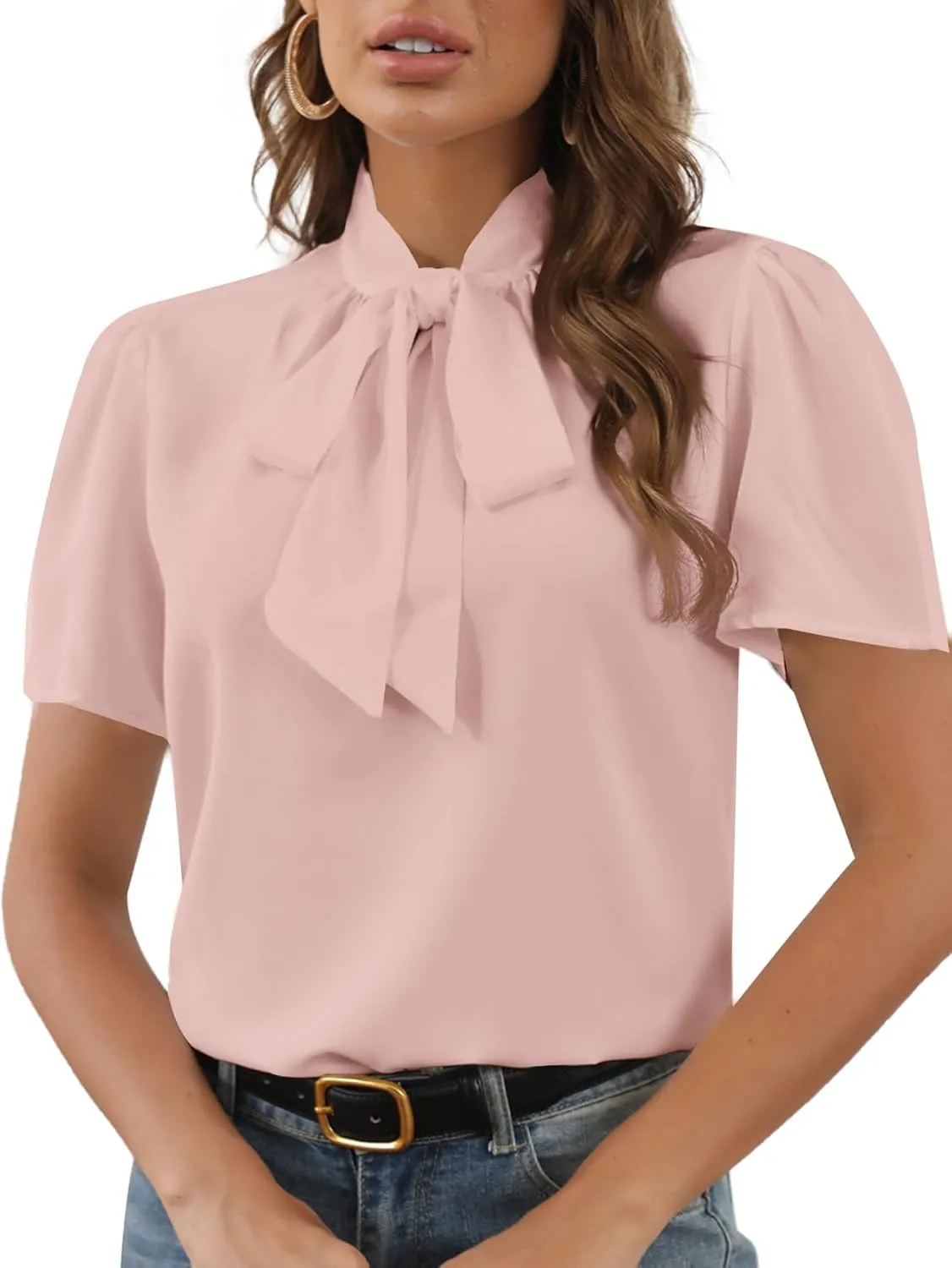 Rooscier Women's Bow Tie Knot Mock Neck Short Sleeve Elegant Workwear Blouse Shirt Top