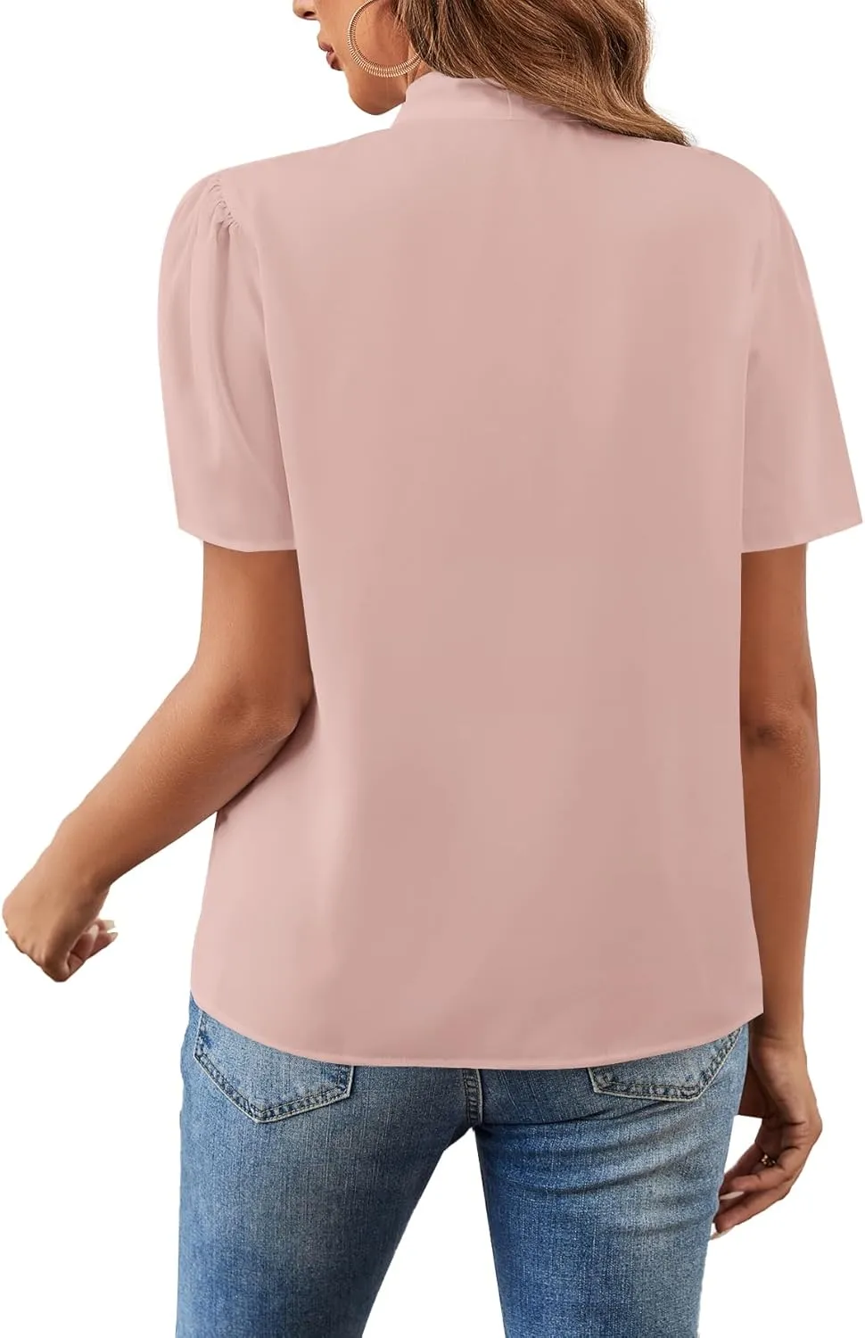 Rooscier Women's Bow Tie Knot Mock Neck Short Sleeve Elegant Workwear Blouse Shirt Top