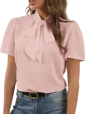 Rooscier Women's Bow Tie Knot Mock Neck Short Sleeve Elegant Workwear Blouse Shirt Top