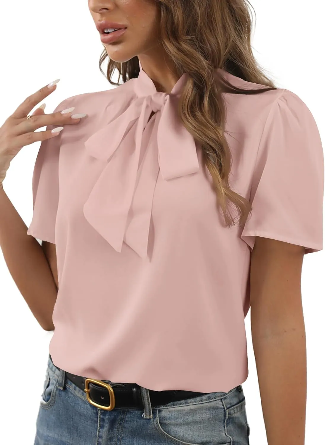 Rooscier Women's Bow Tie Knot Mock Neck Short Sleeve Elegant Workwear Blouse Shirt Top