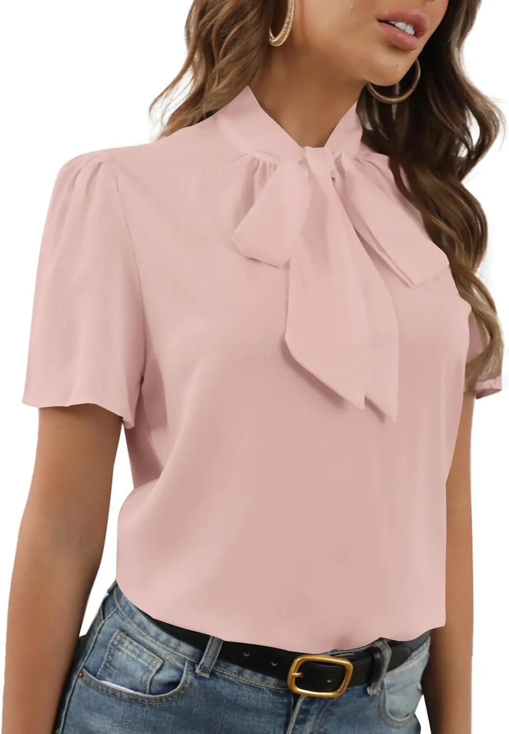 Rooscier Women's Bow Tie Knot Mock Neck Short Sleeve Elegant Workwear Blouse Shirt Top