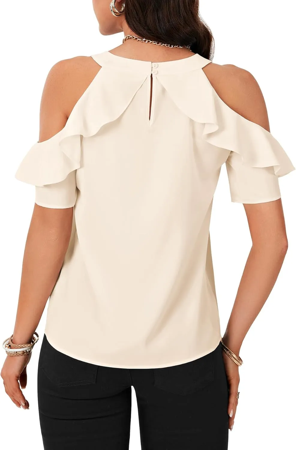 Rooscier Women's Cold Shoulder Tie Knot Round Neck Short Sleeve Ruffle Blouses Shirts Top