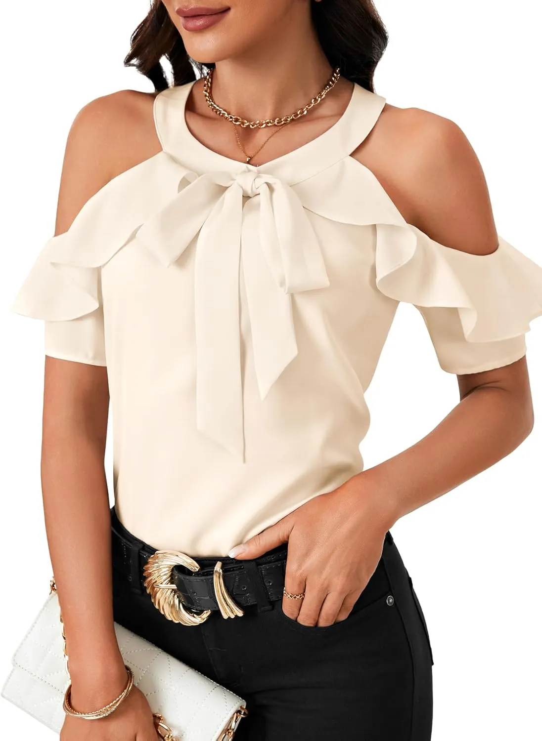 Rooscier Women's Cold Shoulder Tie Knot Round Neck Short Sleeve Ruffle Blouses Shirts Top