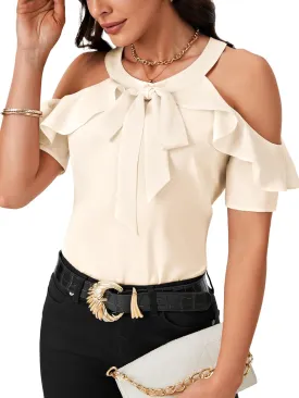 Rooscier Women's Cold Shoulder Tie Knot Round Neck Short Sleeve Ruffle Blouses Shirts Top