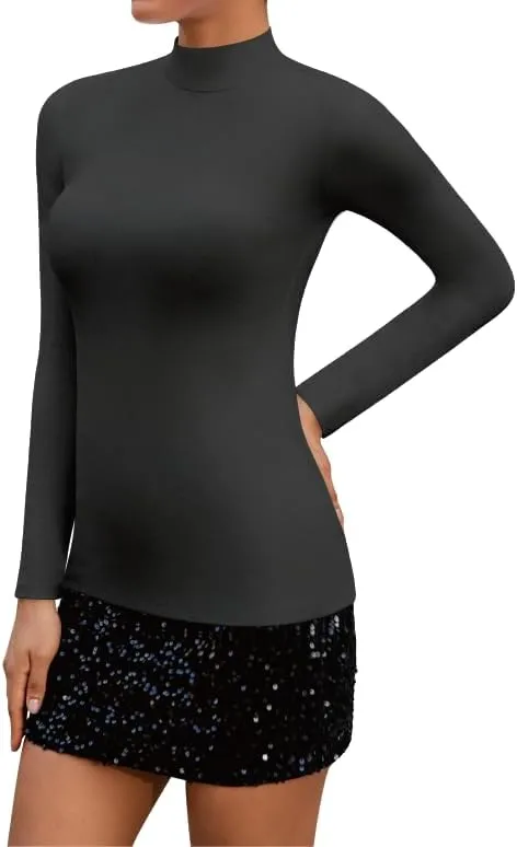 SHEIUGU Womens Mock Turtleneck Long Sleeve Sleeveless Tops Stretch Fitted Underwear Layer Tee Shirts Tops