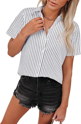 siliteelon Womens Cotton Button Down Shirts Short Sleeve Striped Fitted Dress Shirt Collared Blouse Office Work Top