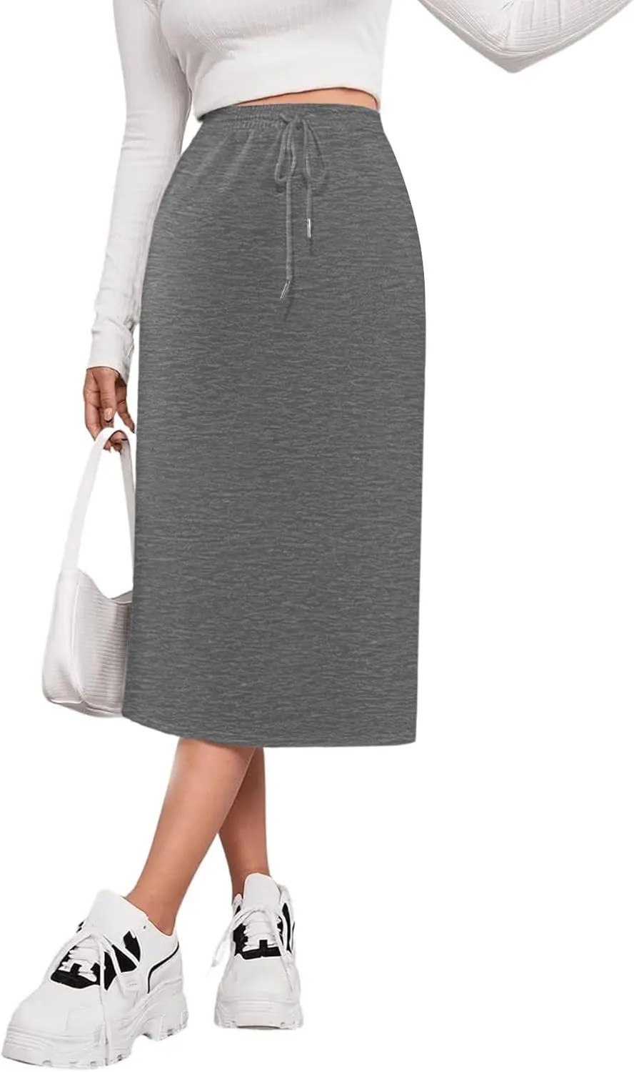 SOFIA'S CHOICE Women's Midi Skirt Drawstring High Waist Slit Skirts with Pockets