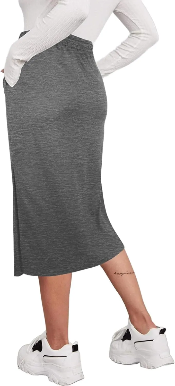 SOFIA'S CHOICE Women's Midi Skirt Drawstring High Waist Slit Skirts with Pockets