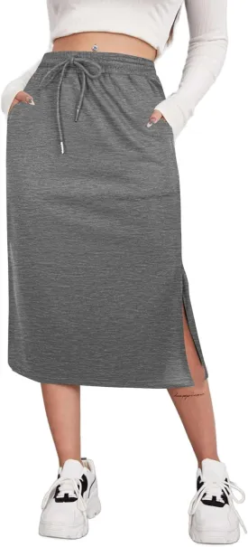 SOFIA'S CHOICE Women's Midi Skirt Drawstring High Waist Slit Skirts with Pockets