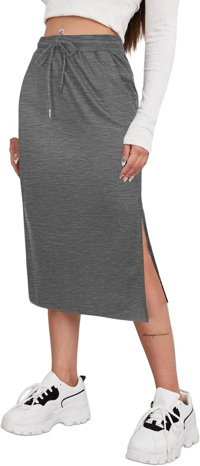 SOFIA'S CHOICE Women's Midi Skirt Drawstring High Waist Slit Skirts with Pockets