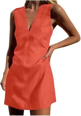 Tank Dresses for Women Summer Casual Loose Fit V Neck Sleeveless Sundress Trendy Solid Beach Vacation Mini Dress