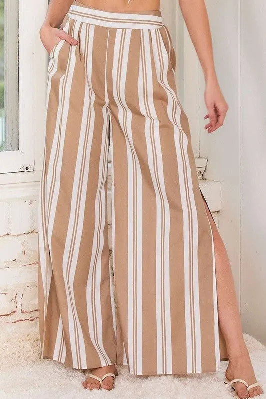 Taupe Back Smoking Waist Side Pockets Stripe Silt Pants