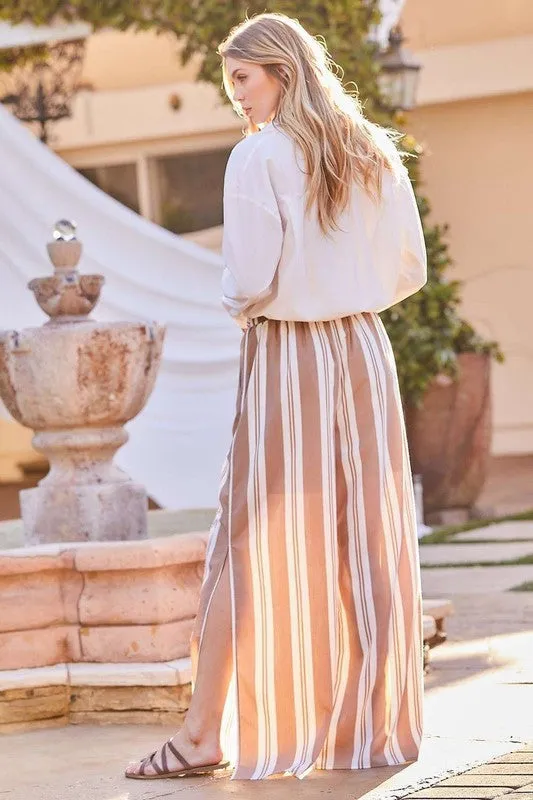 Taupe Back Smoking Waist Side Pockets Stripe Silt Pants