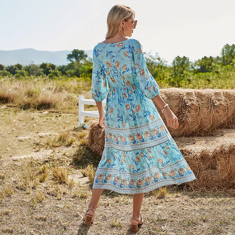 V-Neck High Waist Bohemian Mid-Length Dress