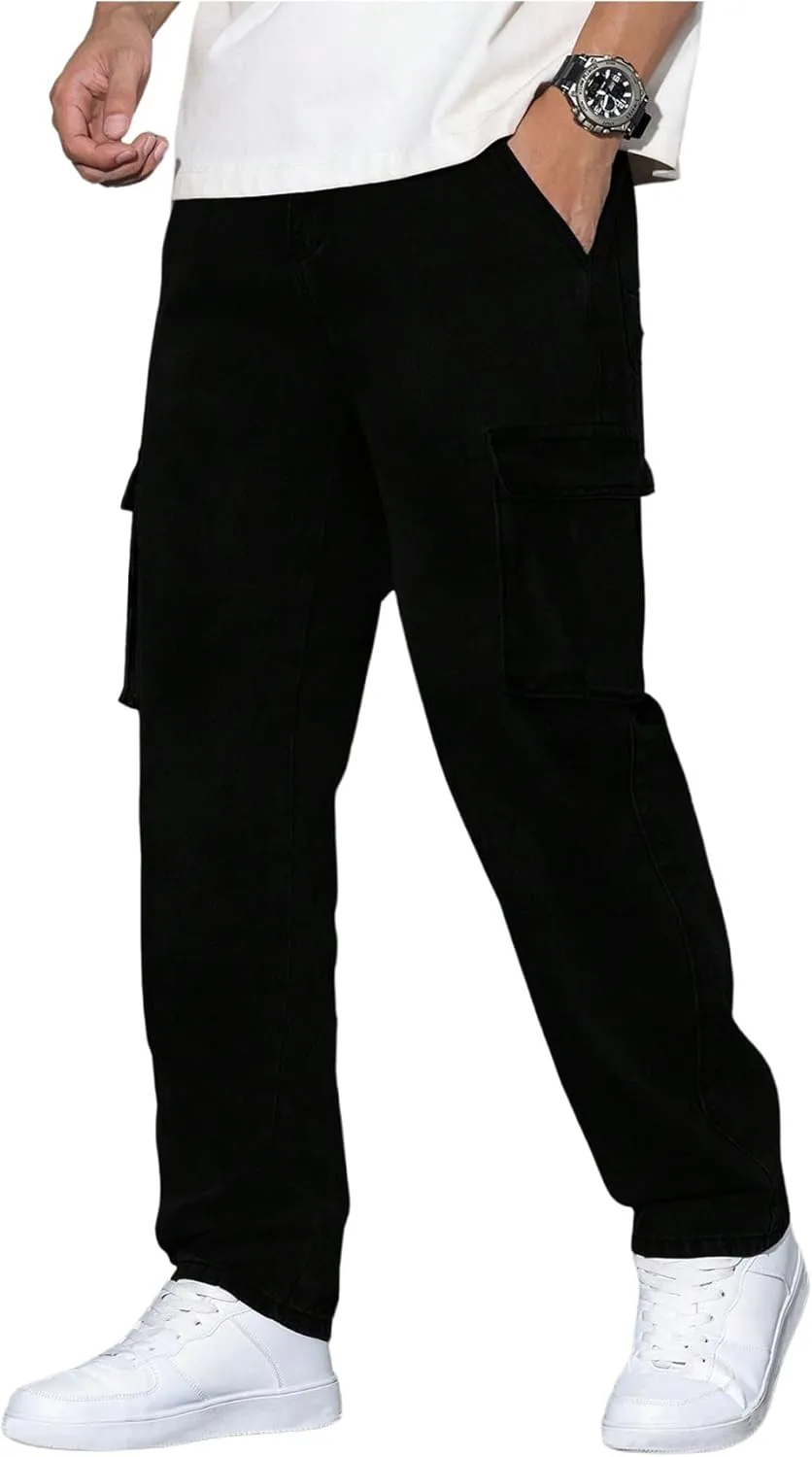 Verdusa Men's Cargo Jeans Relaxed Outfits Straight Leg Denim Pants Vintage Jeans with Pockets