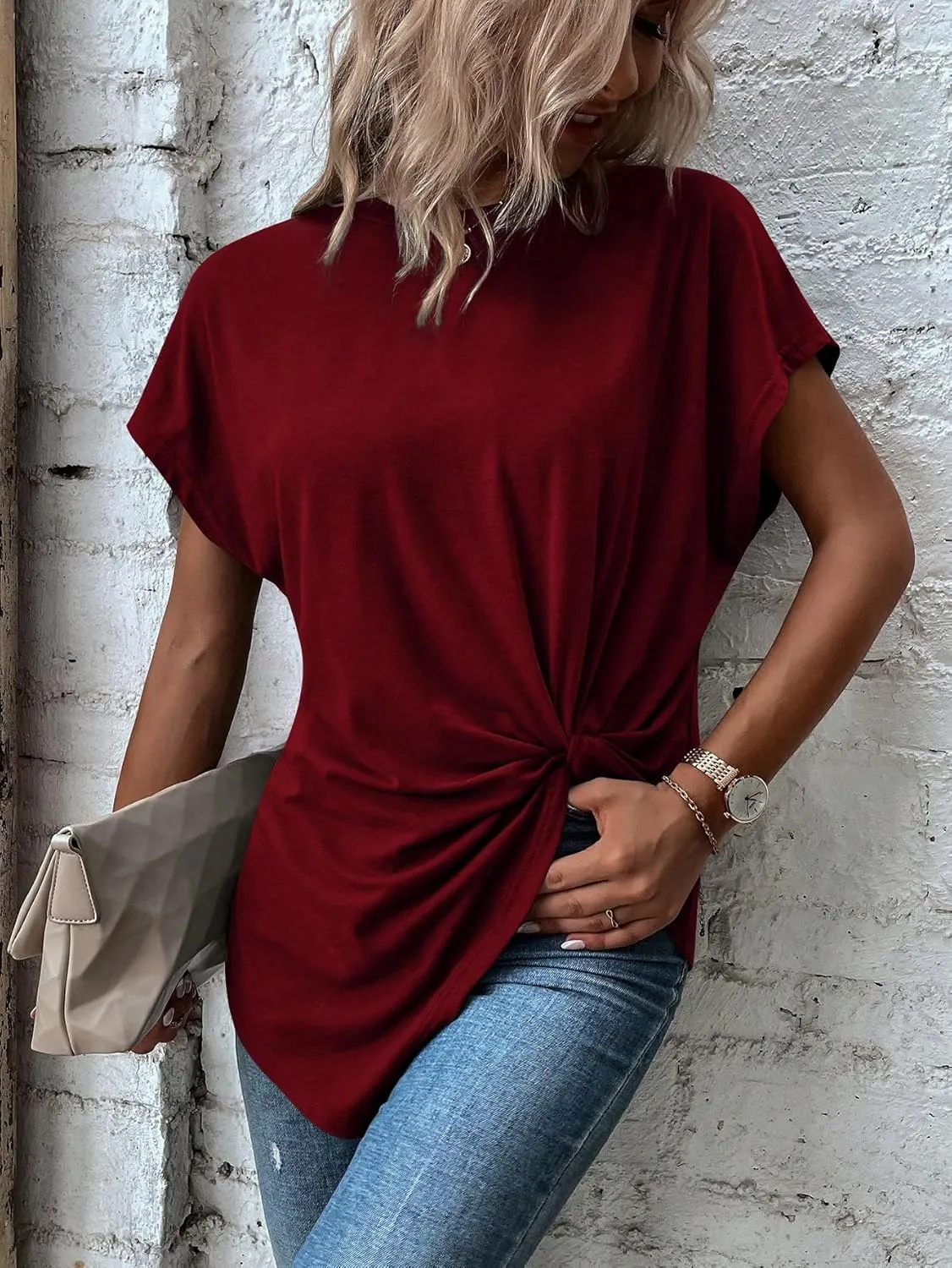 Verdusa Women's Casual Twist Front Asymmetrical Hem Short Sleeve Tee Top