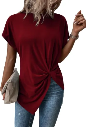 Verdusa Women's Casual Twist Front Asymmetrical Hem Short Sleeve Tee Top