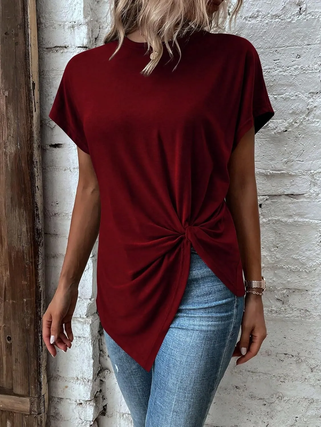 Verdusa Women's Casual Twist Front Asymmetrical Hem Short Sleeve Tee Top