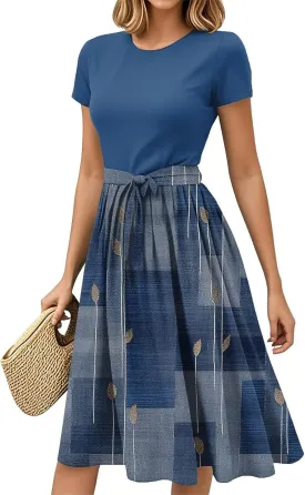 Wedding Guest Dresses for Women Vintage Short Sleeve Elegant Empire Waist Flowy Swing Party A-Line Dress with Belt