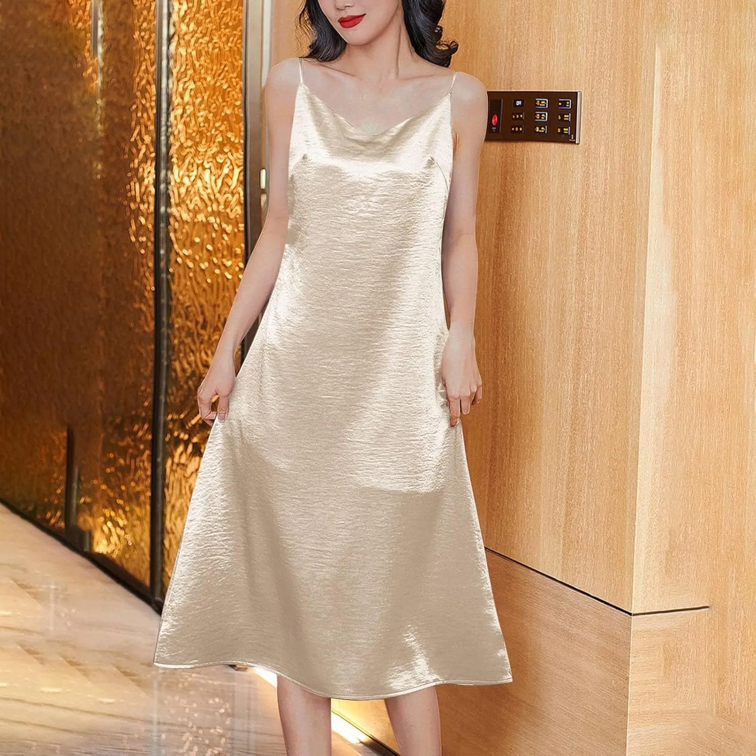 Women Spaghetti Strap Midi Satin Silk Slip Dress Sexy Cowl Neck Party Cocktail Dresses Sling Backless Mermaid Dress