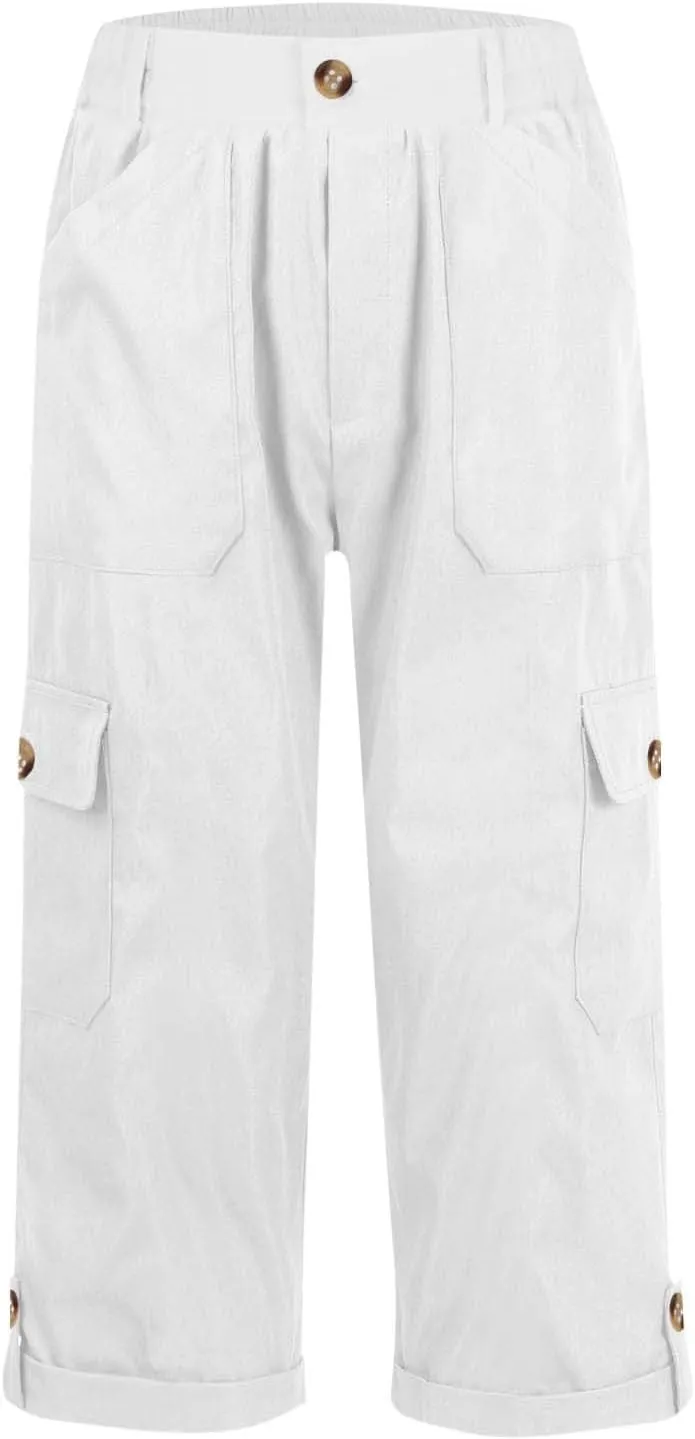 Women's Cargo Capri Pants High Waisted Relaxed Fit Casual Summer Cropped Trousers Elastic Knit Loose Cuffed Hem