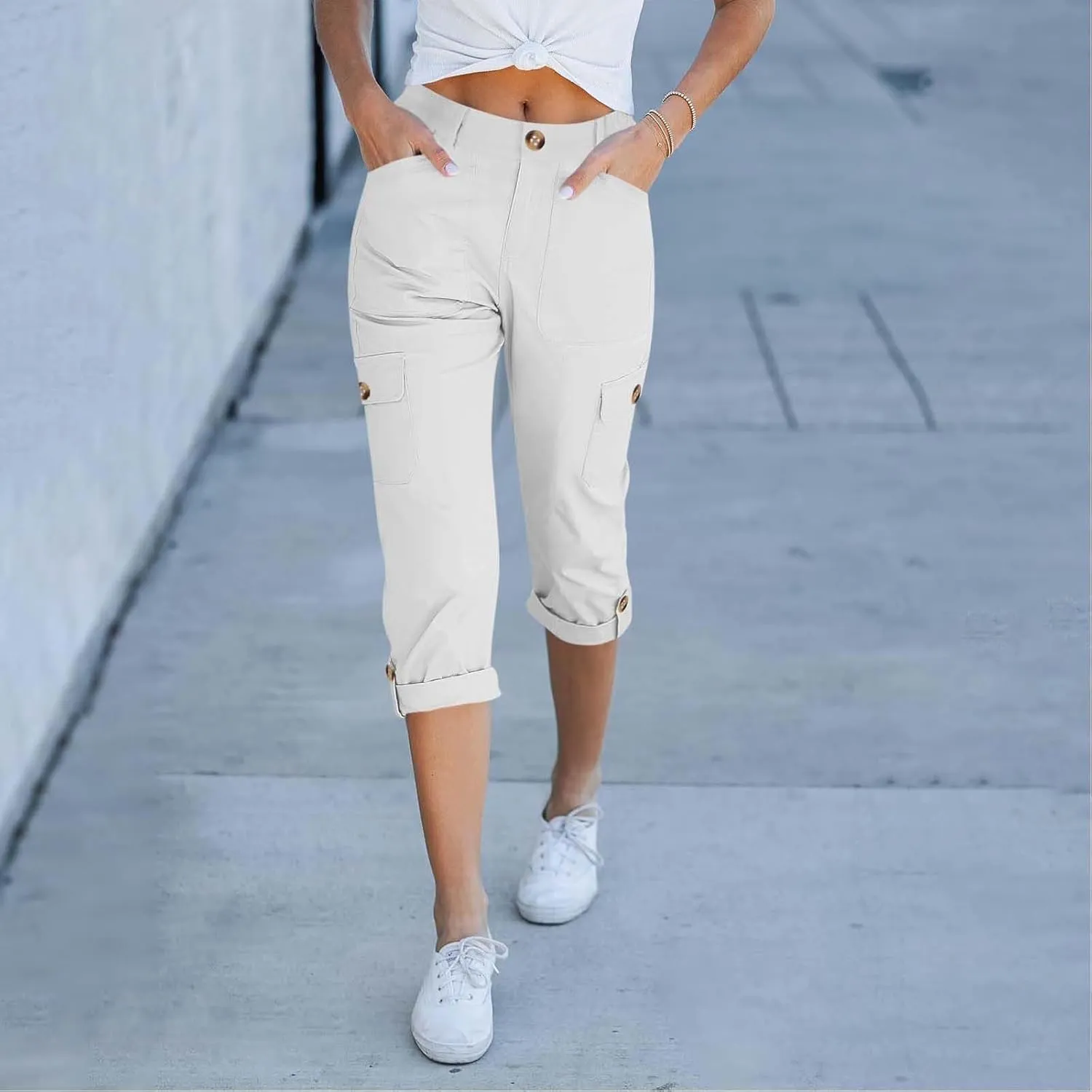 Women's Cargo Capri Pants High Waisted Relaxed Fit Casual Summer Cropped Trousers Elastic Knit Loose Cuffed Hem