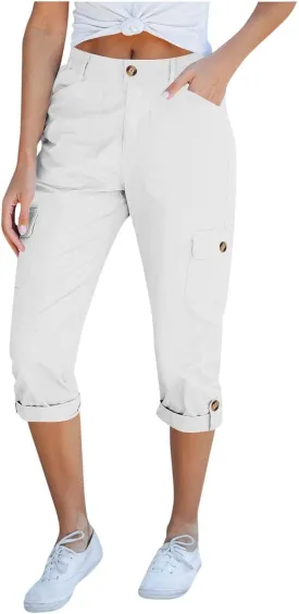 Women's Cargo Capri Pants High Waisted Relaxed Fit Casual Summer Cropped Trousers Elastic Knit Loose Cuffed Hem