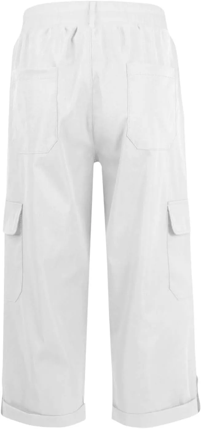 Women's Cargo Capri Pants High Waisted Relaxed Fit Casual Summer Cropped Trousers Elastic Knit Loose Cuffed Hem