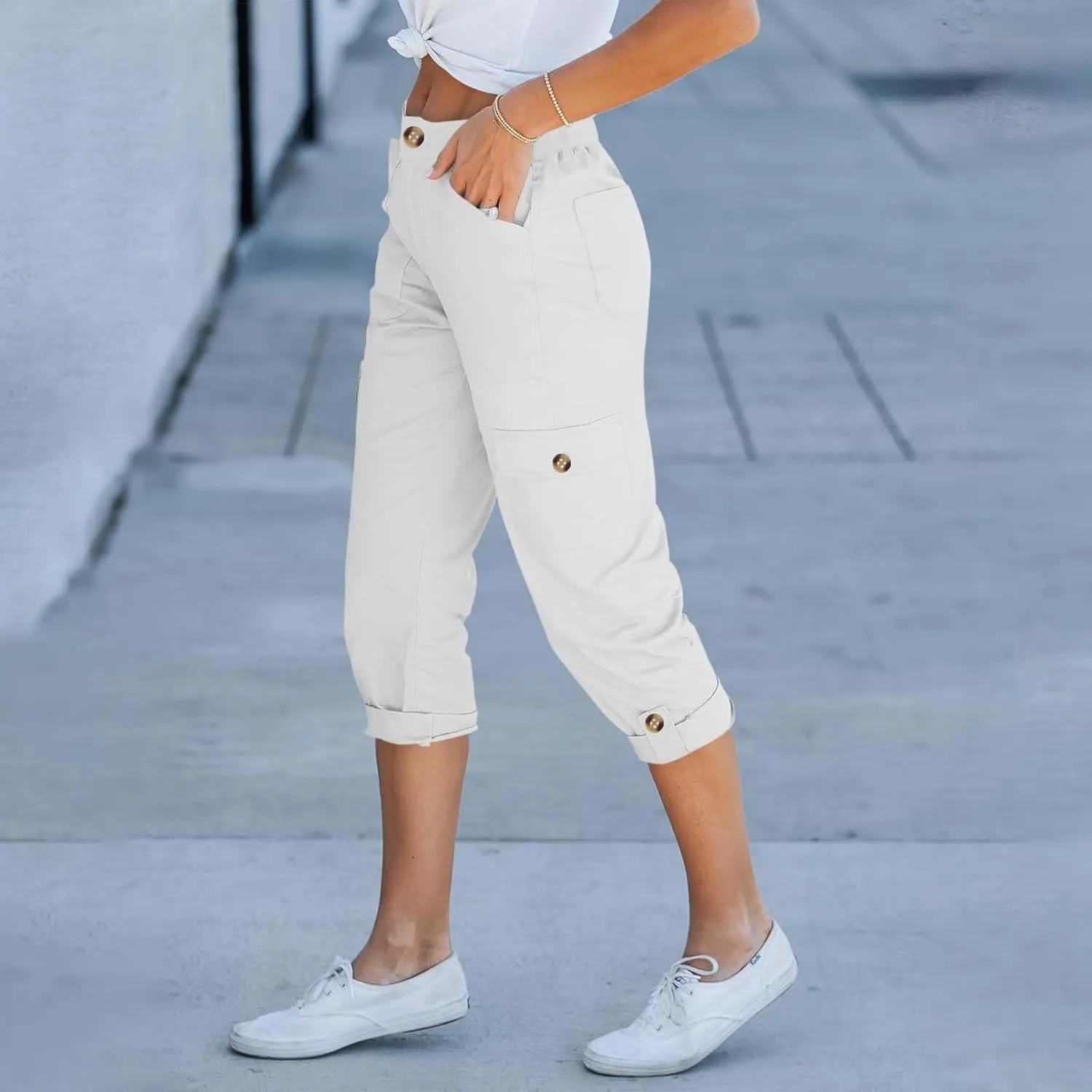 Women's Cargo Capri Pants High Waisted Relaxed Fit Casual Summer Cropped Trousers Elastic Knit Loose Cuffed Hem