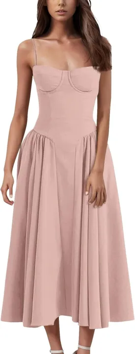 Womens Corset Dress Spaghetti Strap Bustier Midi Dresses Vintage Party Dress Flowy Pleated Hem Low Cut Prom Dresses
