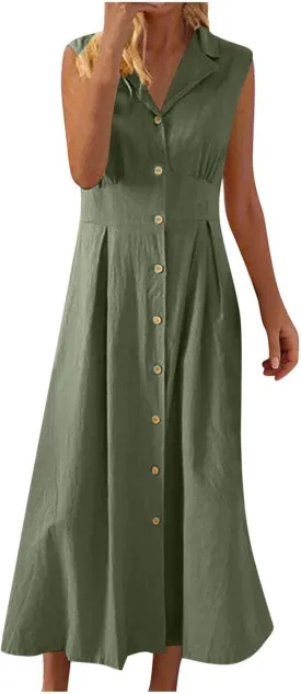 Women's Cotton Linen Dress Sleeveless Full Button Down Collared V Neck Long Dresses A-Line Work Maxi Sundresses