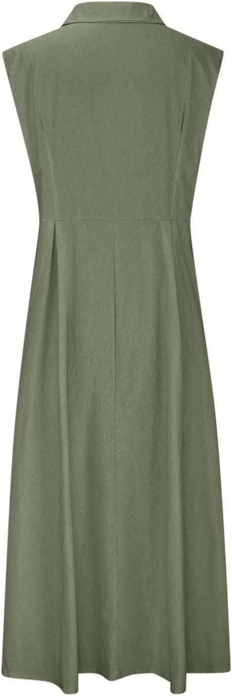 Women's Cotton Linen Dress Sleeveless Full Button Down Collared V Neck Long Dresses A-Line Work Maxi Sundresses