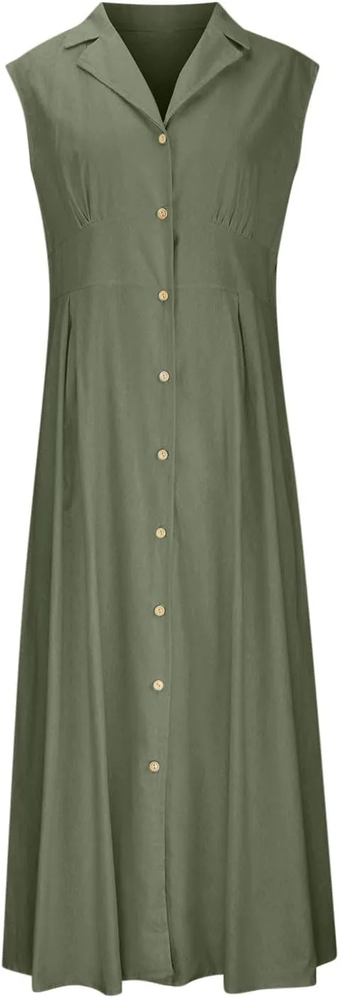 Women's Cotton Linen Dress Sleeveless Full Button Down Collared V Neck Long Dresses A-Line Work Maxi Sundresses