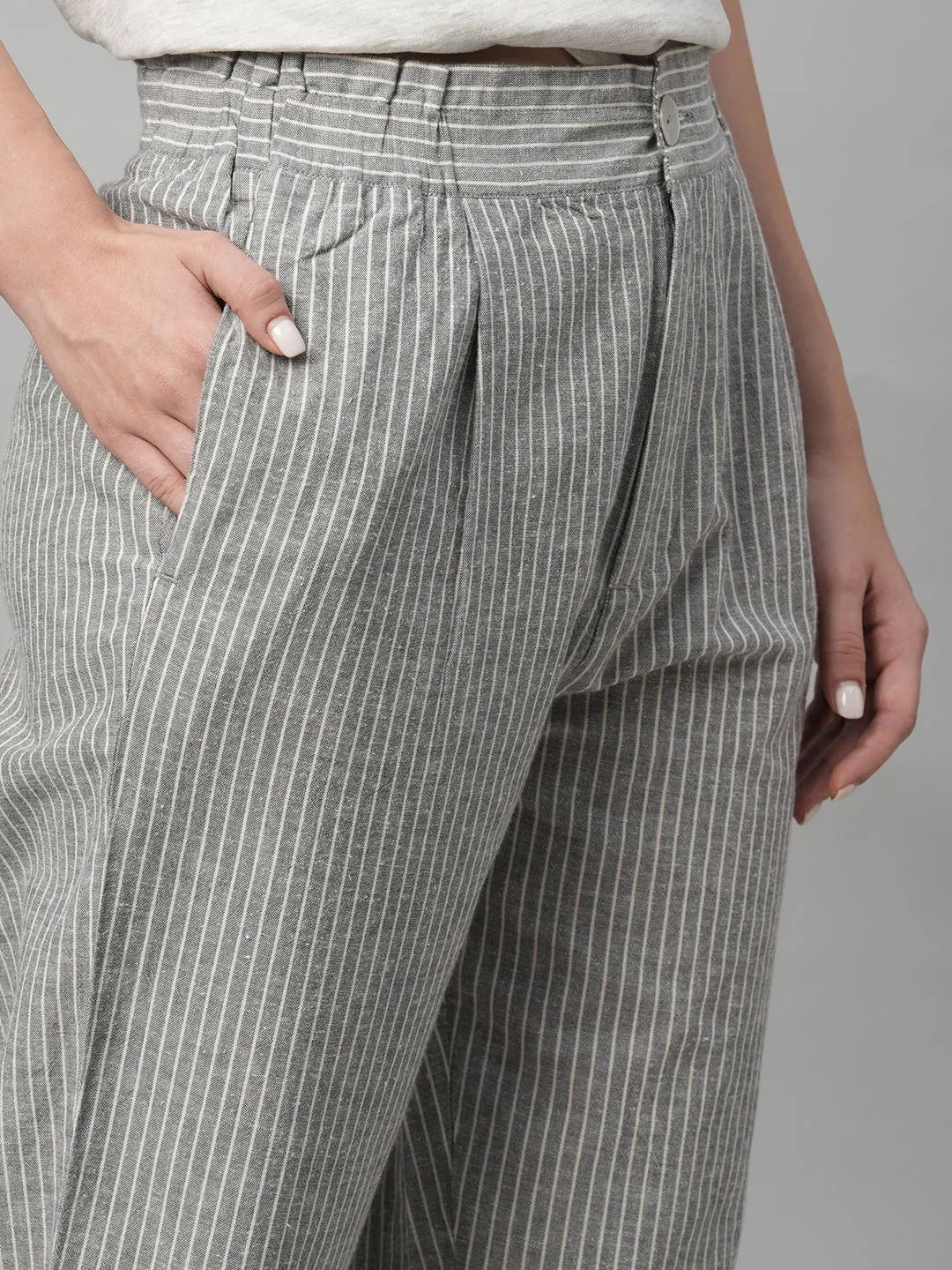 Women's Grey Cotton Linen Regular Fit Pant