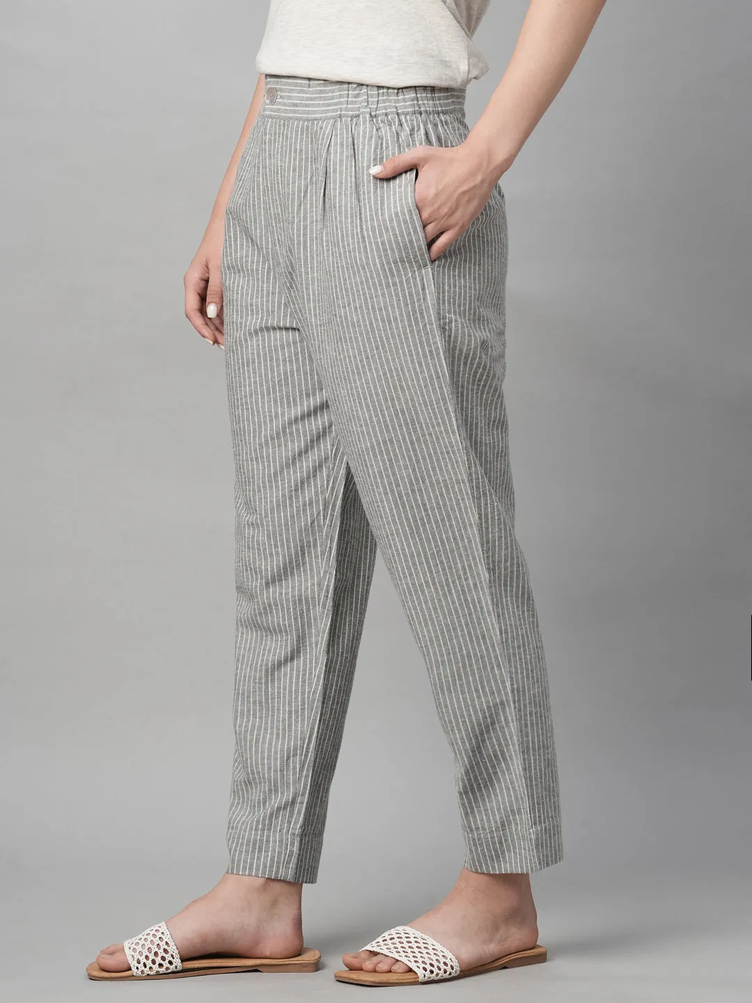 Women's Grey Cotton Linen Regular Fit Pant