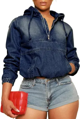 Women's Half Zip Denim Hoodie Pullover Jacket Jean Tops