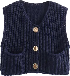 Womens Knit Vest Tops Sleeveless Cropped Chunky Sweater Vests Botton Down Lightweight Cardigan with Pockets