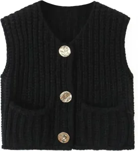 Womens Knit Vest Tops Sleeveless Cropped Chunky Sweater Vests Botton Down Lightweight Cardigan with Pockets