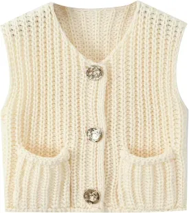 Womens Knit Vest Tops Sleeveless Cropped Chunky Sweater Vests Botton Down Lightweight Cardigan with Pockets