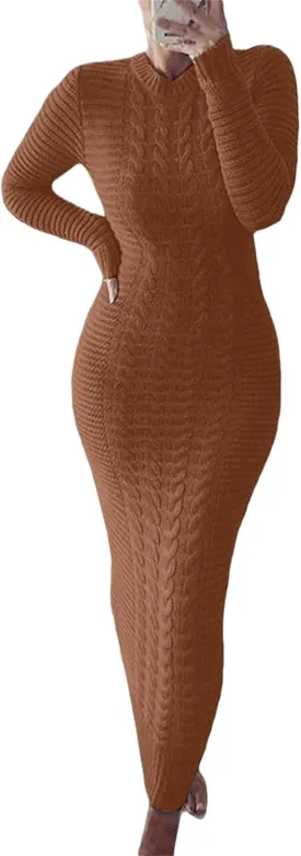 Women's Long Sleeve Dress Twist Ribbed Knit Bodycon Maxi Dresses Sexy Crewneck Long Sweater Dress for Cocktail Party