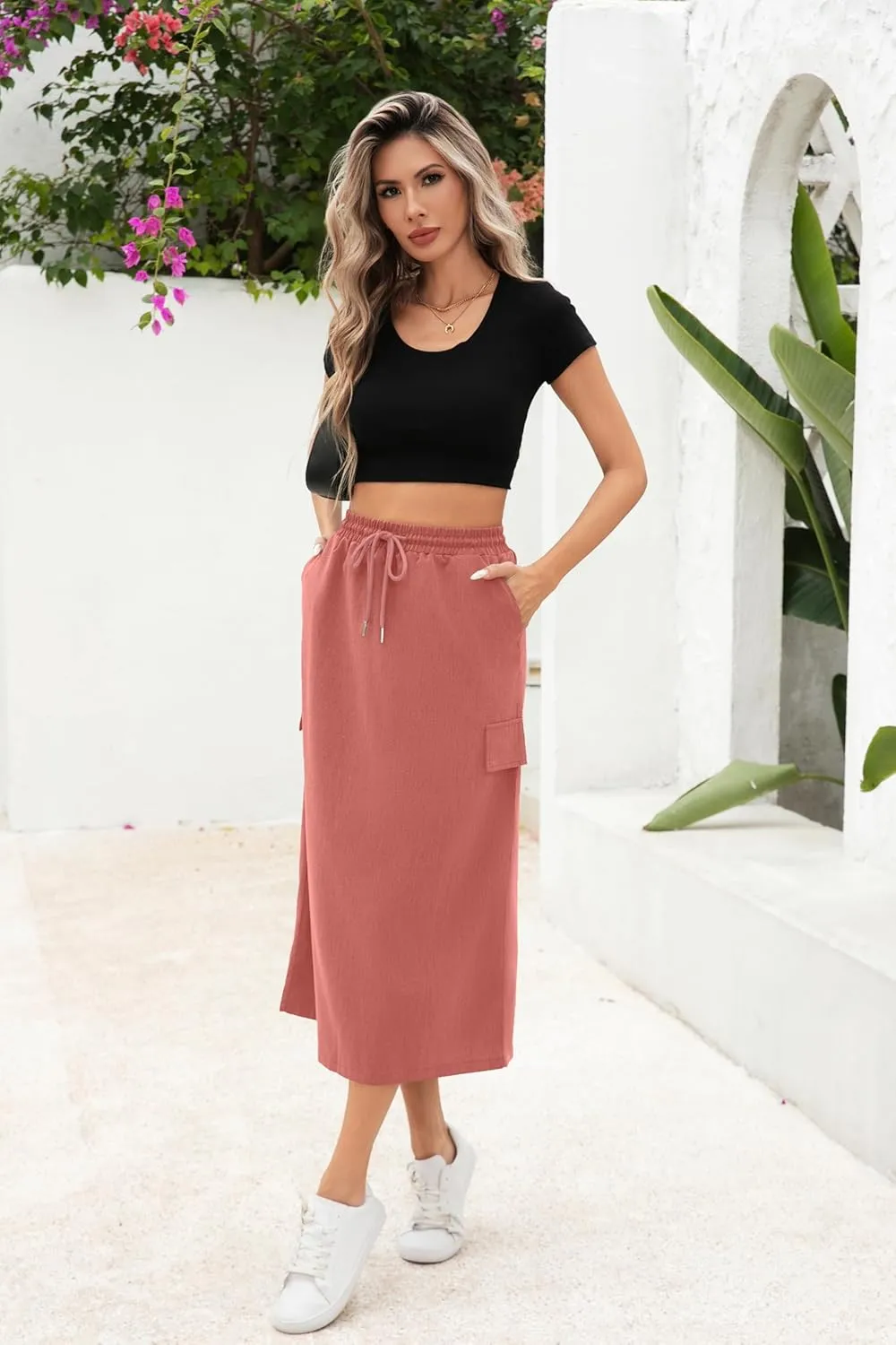 Women's Midi Cargo Skirt High Waist Drawstring Summer Slit Dressy Casual Skirts with Pockets