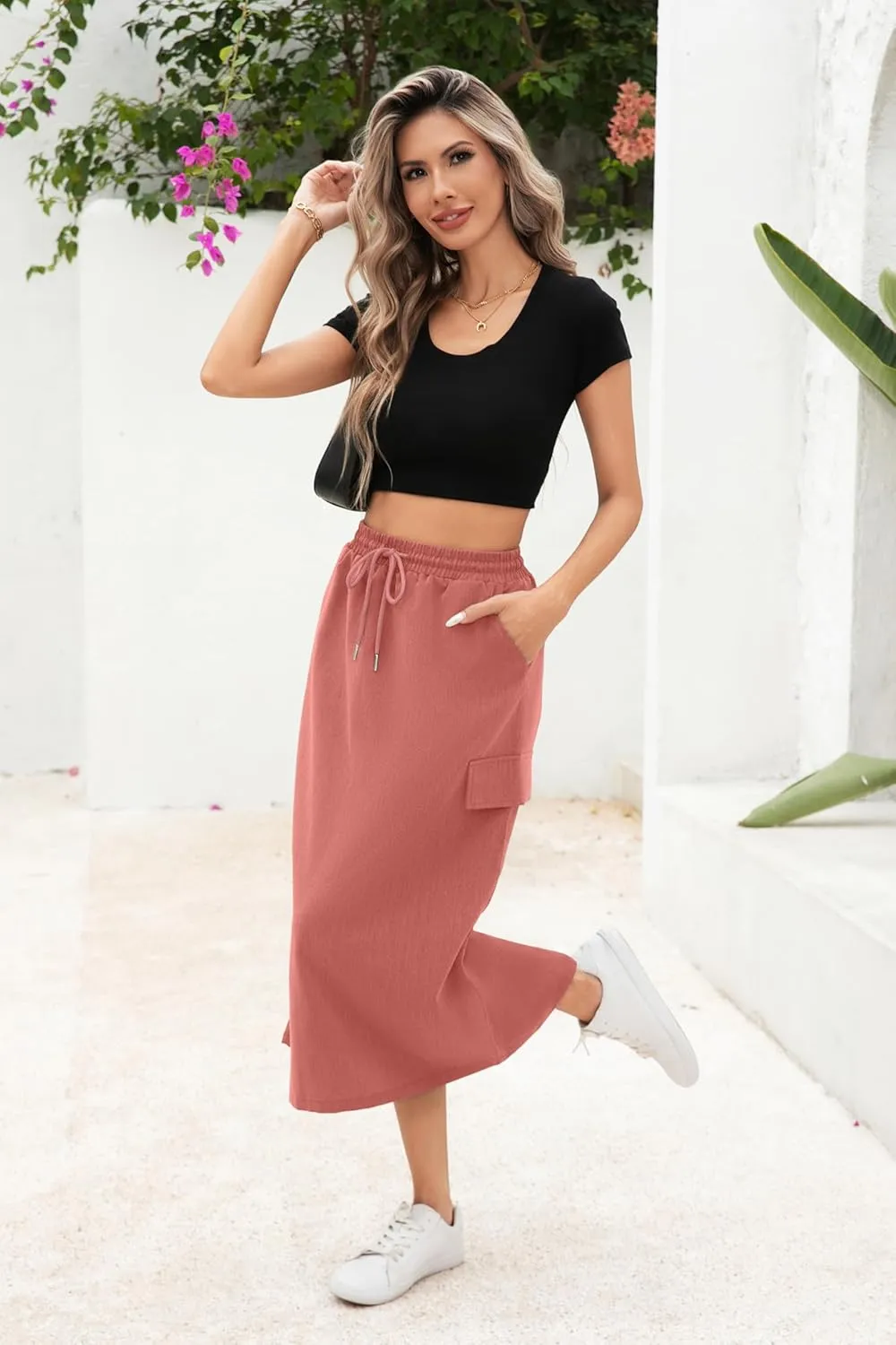 Women's Midi Cargo Skirt High Waist Drawstring Summer Slit Dressy Casual Skirts with Pockets