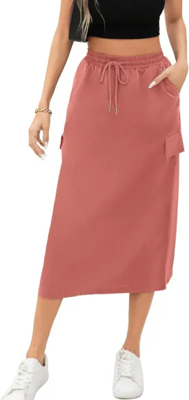 Women's Midi Cargo Skirt High Waist Drawstring Summer Slit Dressy Casual Skirts with Pockets