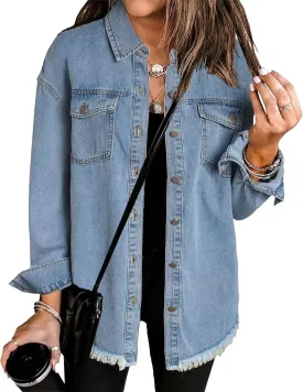 Womens Oversized Frayed Hem Denim Jean Jacket Button Down Vintage Classics Casual Loose Fit Jean Coat With Pockets