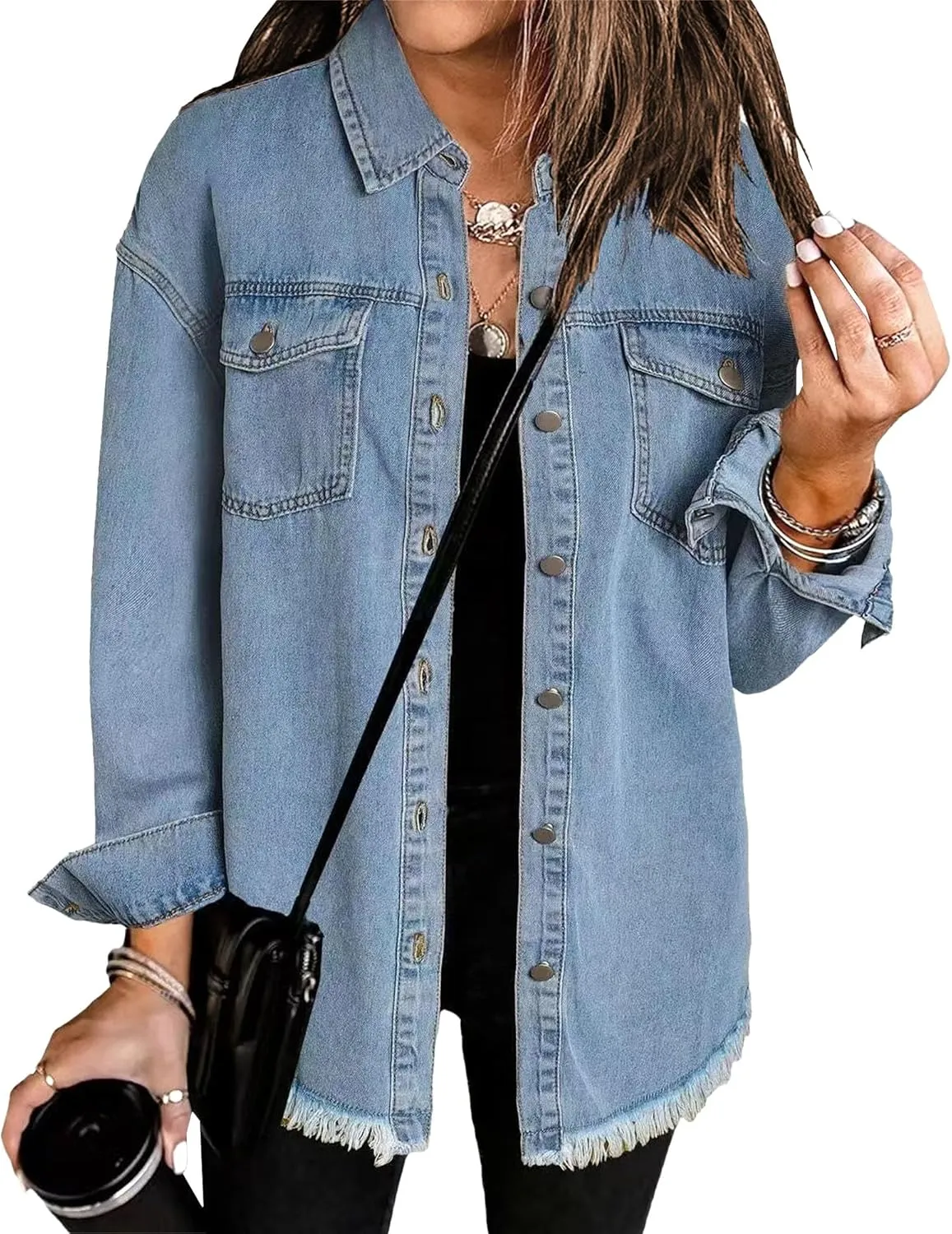 Womens Oversized Frayed Hem Denim Jean Jacket Button Down Vintage Classics Casual Loose Fit Jean Coat With Pockets