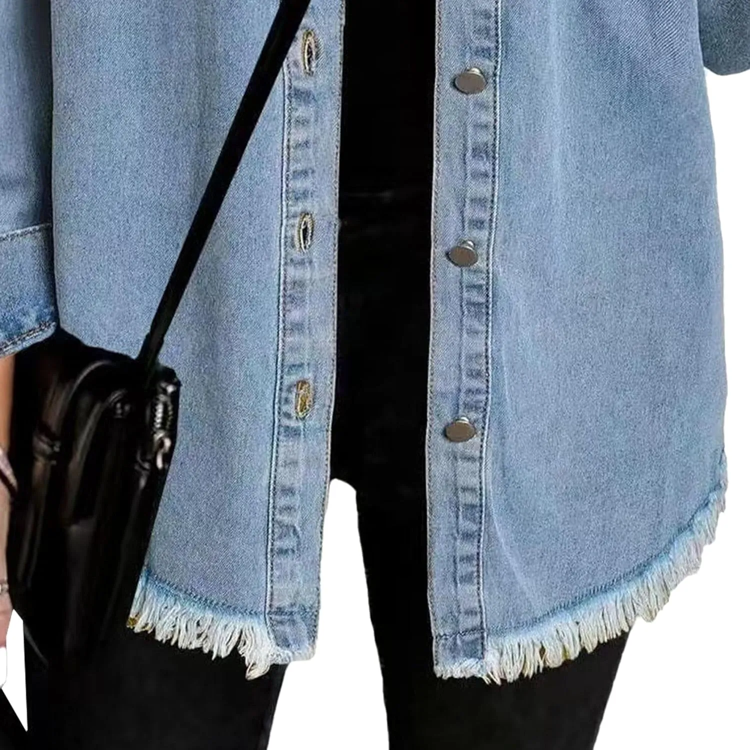 Womens Oversized Frayed Hem Denim Jean Jacket Button Down Vintage Classics Casual Loose Fit Jean Coat With Pockets