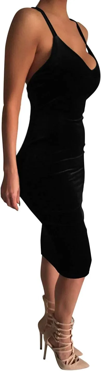 Women's Sleeveless Bodycon Midi Dress Velvet Club Bandage Dress