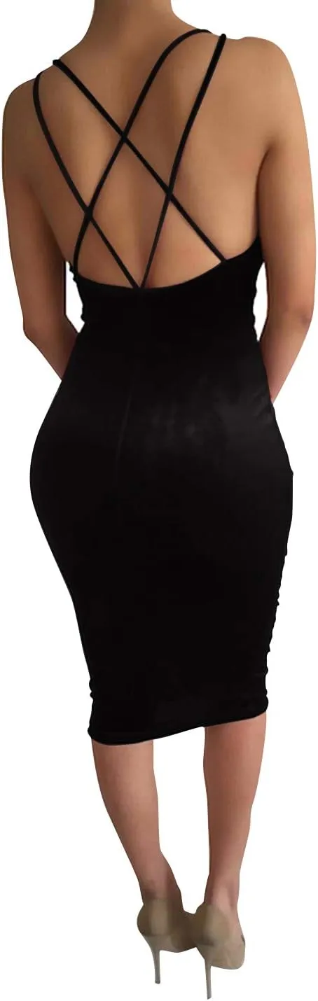 Women's Sleeveless Bodycon Midi Dress Velvet Club Bandage Dress